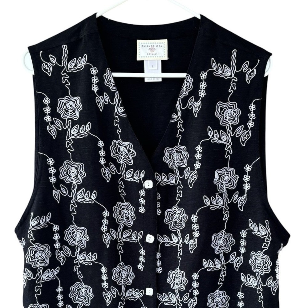 VTG Susan Bristol Casuals Sleeveless Button Up Vest Floral Embroidery Womens L - Picture 2 of 8
